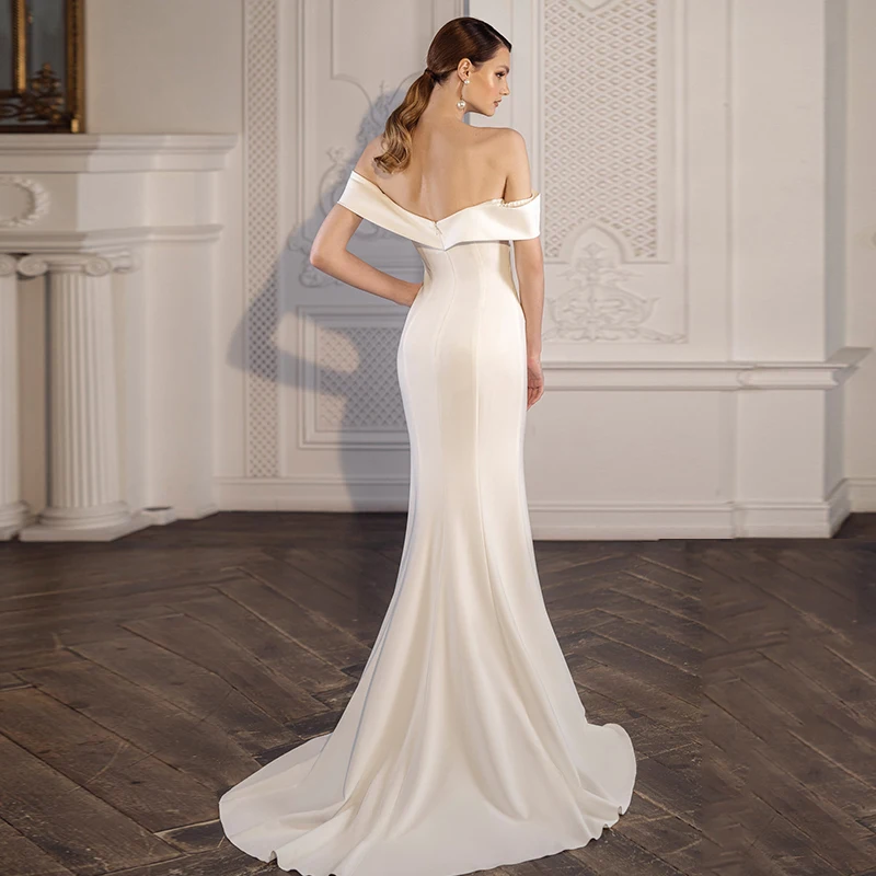 Einfaches herzförmiges Meerjungfrau-Hochzeitskleid aus der Schulter, rückenfrei, mit Falten und Schleppe, Satin-Brautkleid, Vestidos de Novia, nach Maß