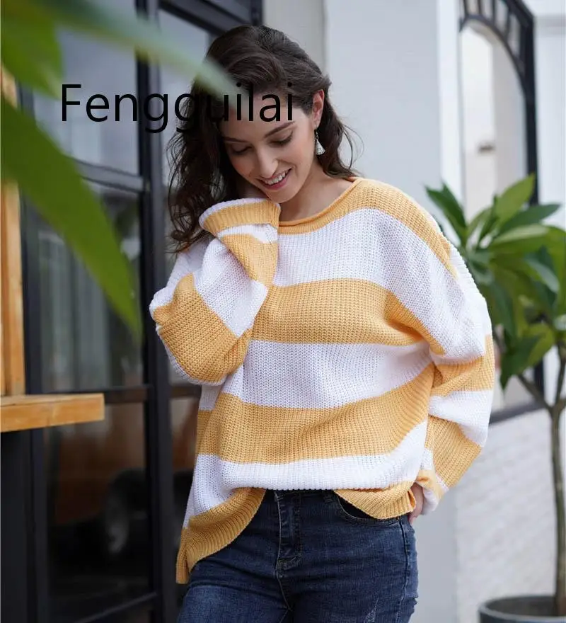 FENGGUILAI Striped Loose Ladies Sweater Pullover 2020 Autumn Winter New Arrival Green Jumpers Knit Sweaters Women Pull Femme