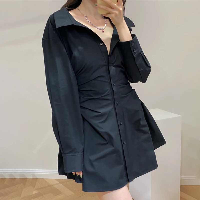 TWOTWINSTYLE White Ruched Shirt Dress For Women Lapel Long Sleeve High Waist Mini Dresses Female Fashion New Clothing 2022