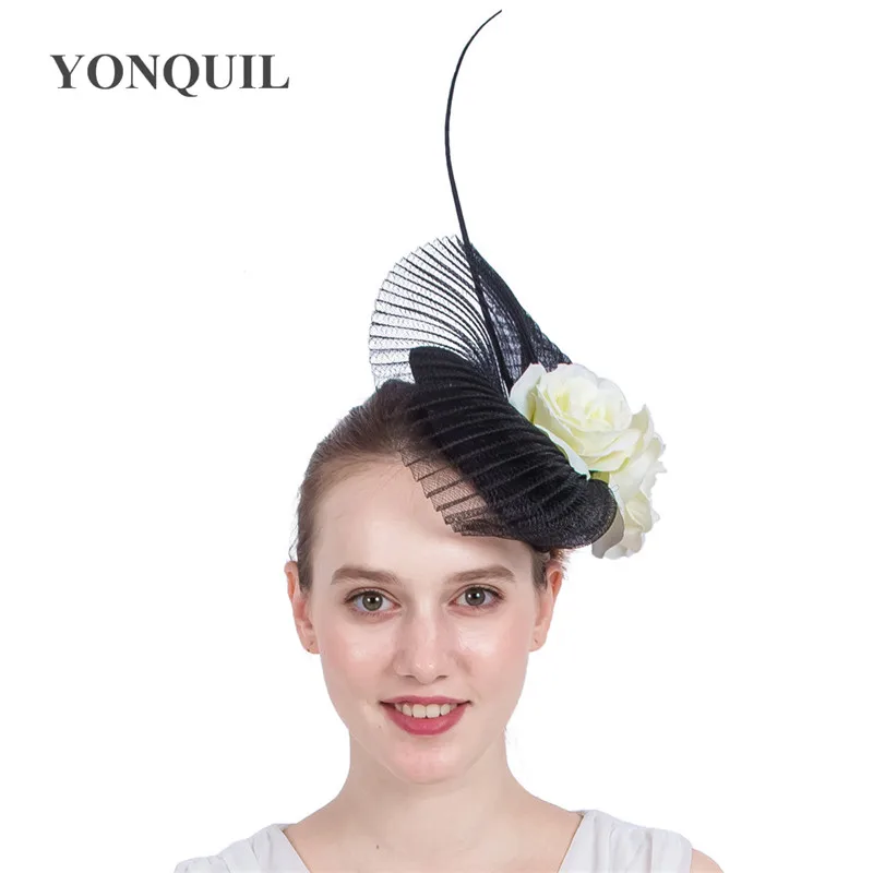 

Vintage Wedding Cocktail Fascinator Hat Headband With Ivory Silk Flower High-End Hair Clip Ladies Hats Sinamay Black Wedding