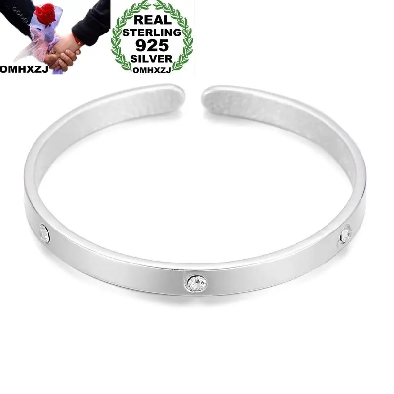 OMHXZJ, оптовая продажа, Европейская мода, женская модель, свадебный подарок, простой белый циркон AAA, серебро 925 пробы, манжета, браслет BA75