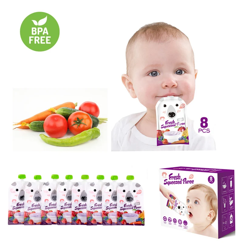 8pcs/pack BPA Free Baby Food Container 200ml Reusable Breast Milk Storage Bag Baby Food Box Pouch Snacks Baby Feeding Squeeze