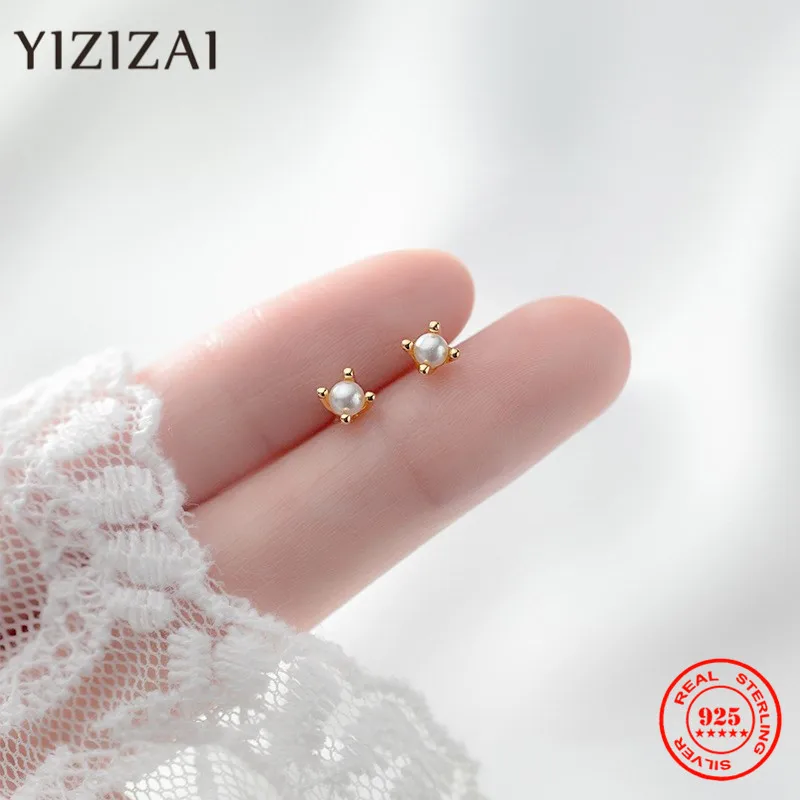 YIZIZAI Trendy Minimalist Real 100% 925 Sterling Silver Mini Small Crown Pearl Stud Earrings for Women Student Teen Jewelry Gift