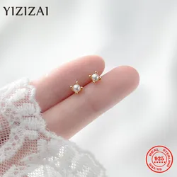 YIZIZAI-Brincos pequenos de pérolas para mulheres, minimalistas reais 100% 925 prata esterlina, estudante, presente de joias para adolescentes, na moda