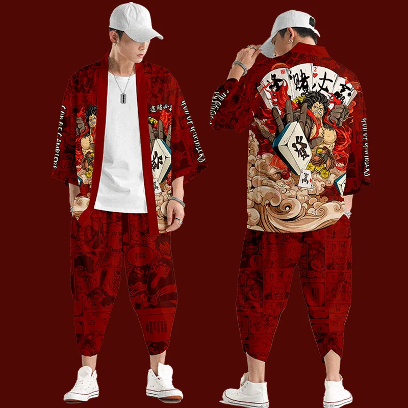 

Men Japanese Kimono Cardigan Obi Yukata Male Haori Japanese Printing Coat And Pant Asian Traditional Japan Costume