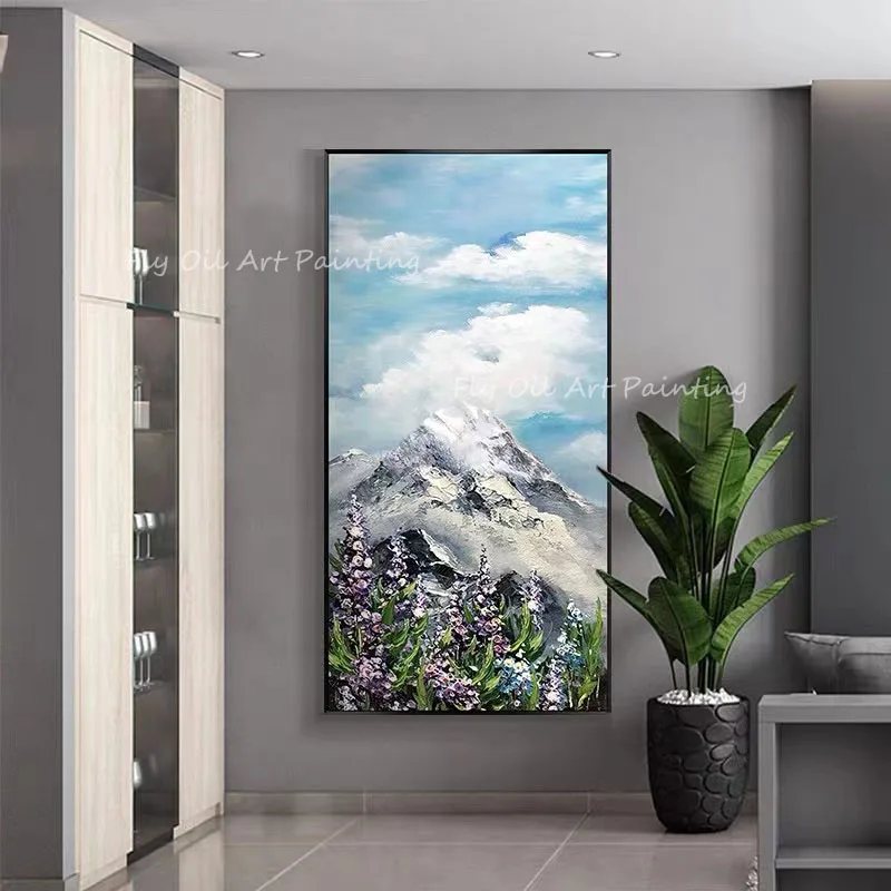 Large Size Mountain White Cloud Flower Artist Handmade High Quality Oil Painting On Canvas Wall Art Picture For Office Decor