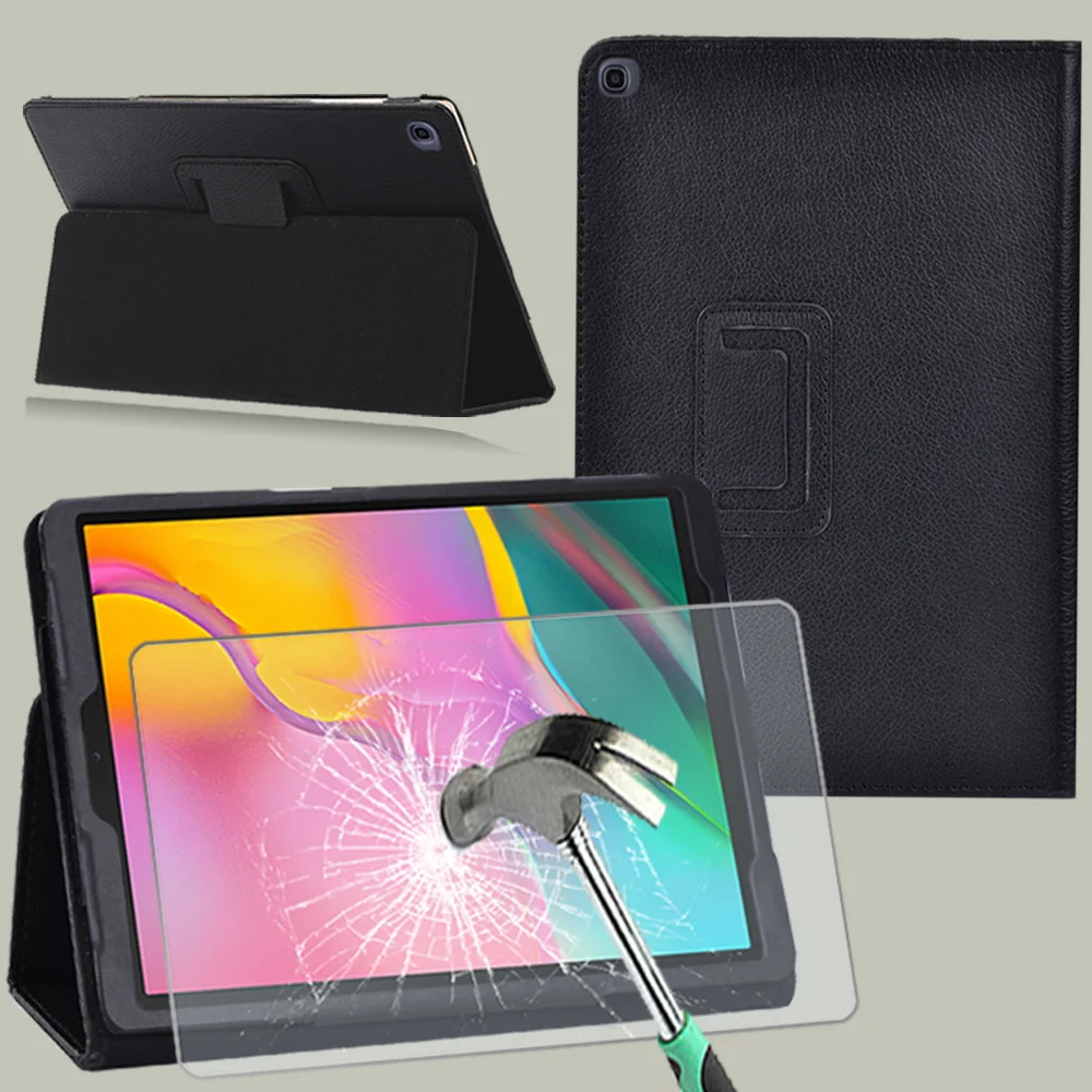 For Samsung Galaxy Tab A 10.1 T510 T515 Dust-proof Leather Back Support Tablet Case Cover + Tempered Glass