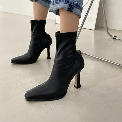 Autumn Winter Designer Ladies Chic Fashion High Heels Stretch Leather Short Sock Boots Square Toe Black Slim Botas Mujer