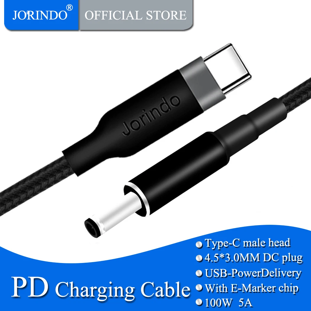 JORINDO Dell laptop PD fast charging cable，Type-C to DC4.5*3.0MM dual male plug Notebook power adapter 65W charging wire