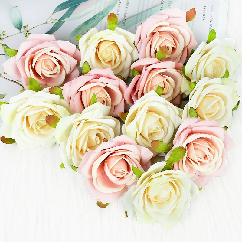 5/10Pcs 7cm Silk Rose Head Artificial Flower Silk Leaves For Home Wedding Birthday Party Decor DIY Wreath Scrapbook Fake Flowers