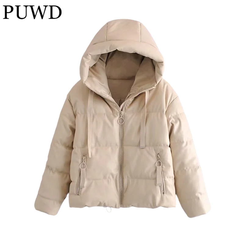 

PUWD Vintage Women Faux Leather Puffer Hooded Parkas 2021 Winter Fashion Ladies Pockets Streetwear Coats Girls Chic Outwear