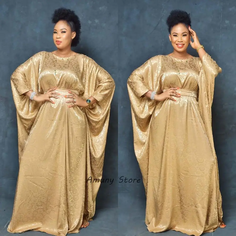 African Woman Dress Jacquard Weave Decoration Rayon Material Loose Plus Size Long Robe With Belt