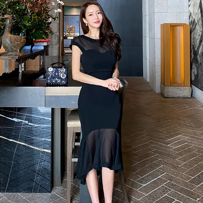 Sheer Mesh Patchwork Black Korean Dress Women Short Sleeve Corset Midi Wrap Casual Summer Dress Women Vestidos Verano 2020 Mujer