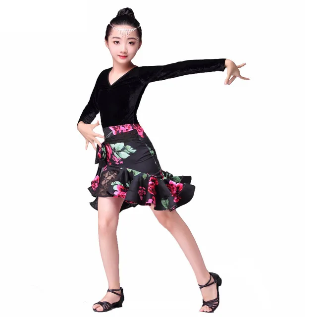 2020 New Pattern Children's Pleuche Long Sleeve Latin Skirt with Print and Lace Autumn 110-160 cm Free Delivery