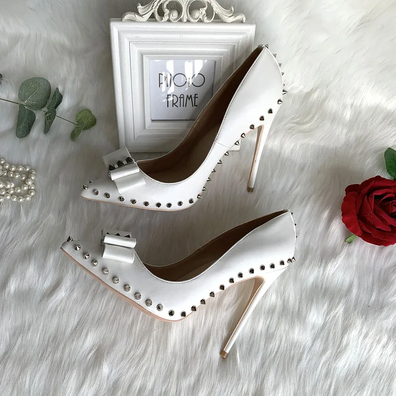 Bride wedding shoes white soft matte leather butterfly bowknot on pointed toe stud spike women lady 120mm high heel pump