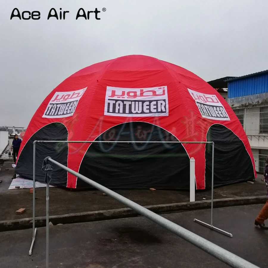 Custom Red Inflatable Spider Tent with Black Door Curtain for Advertising, Fully Covered, 8 Legs, 10m Diameter