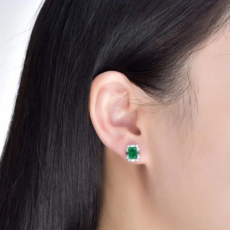 Fashion Earrings for Women 925 Silver Jewelry Rectangle Emerald Zircon Gemstone Stud Earrings Wedding Bridal Party Accessories