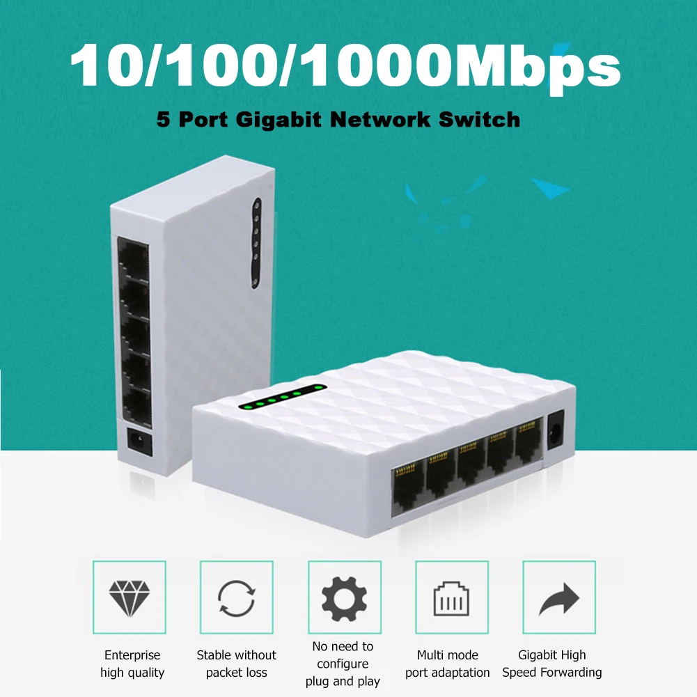 1000M Gigabit Mini 5 Port Fast Ethernet Network Switch LAN Hub RJ45 Ethernet and Switching Hub Shunt Desktop Switch