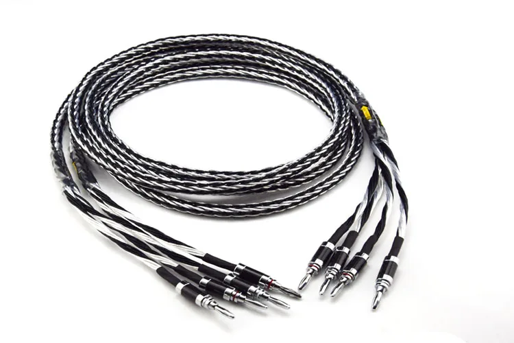 Free Shipping Hifi Speaker Cable High Quality Copper and silver shuffling Speaker Wire with Carbon Fiber Banana Jack