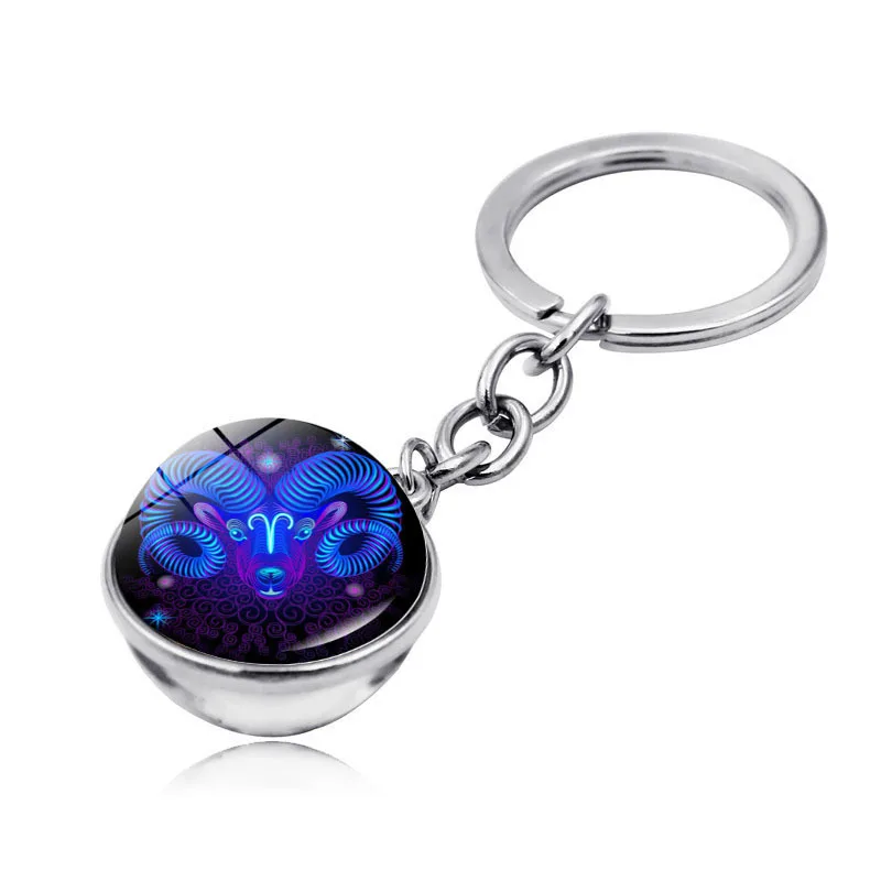 Dropshipping European & American 12 Constellation Key Chain Time Stone Double-Sided Glass Ball Keychain Fashion Gifts