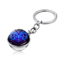 Dropshipping European & American 12 Constellation Key Chain Time Stone Double-Sided Glass Ball Keychain Fashion Gifts