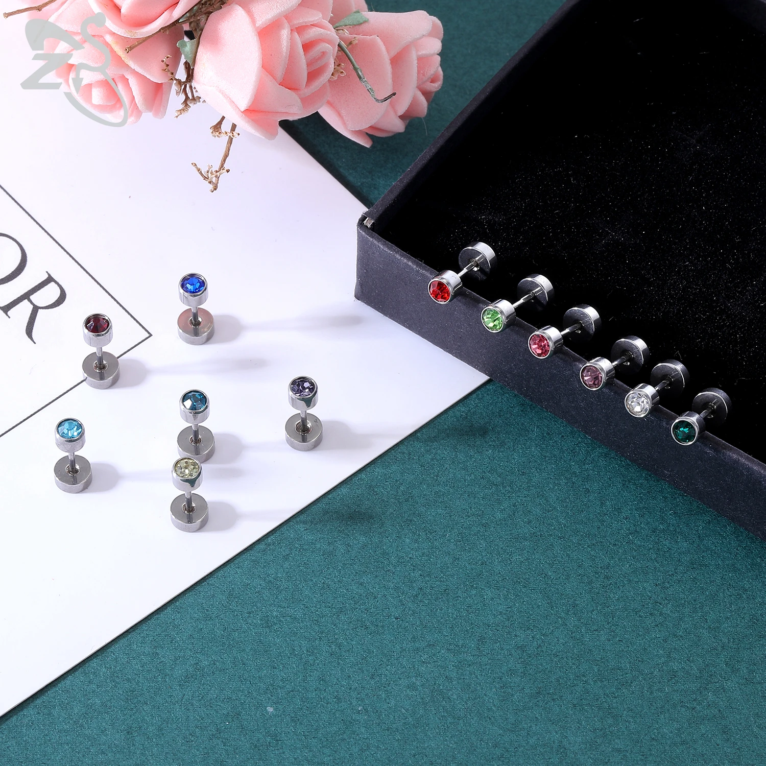 ZS 12 Pair/lot Colorful Cubic Zirconia Round Stud Earring Set For Women Children Stainless Steel Helix Conch Tragus Piercing 20g