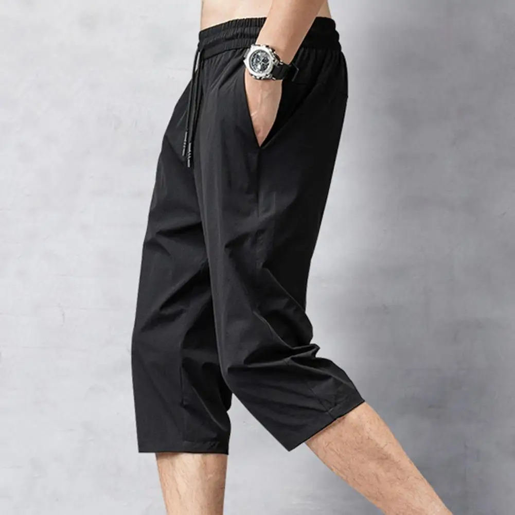 New Solid Color Pants Elastic Waist Men Drawstring 3/4 Length Cropped Trousers Sweatpants