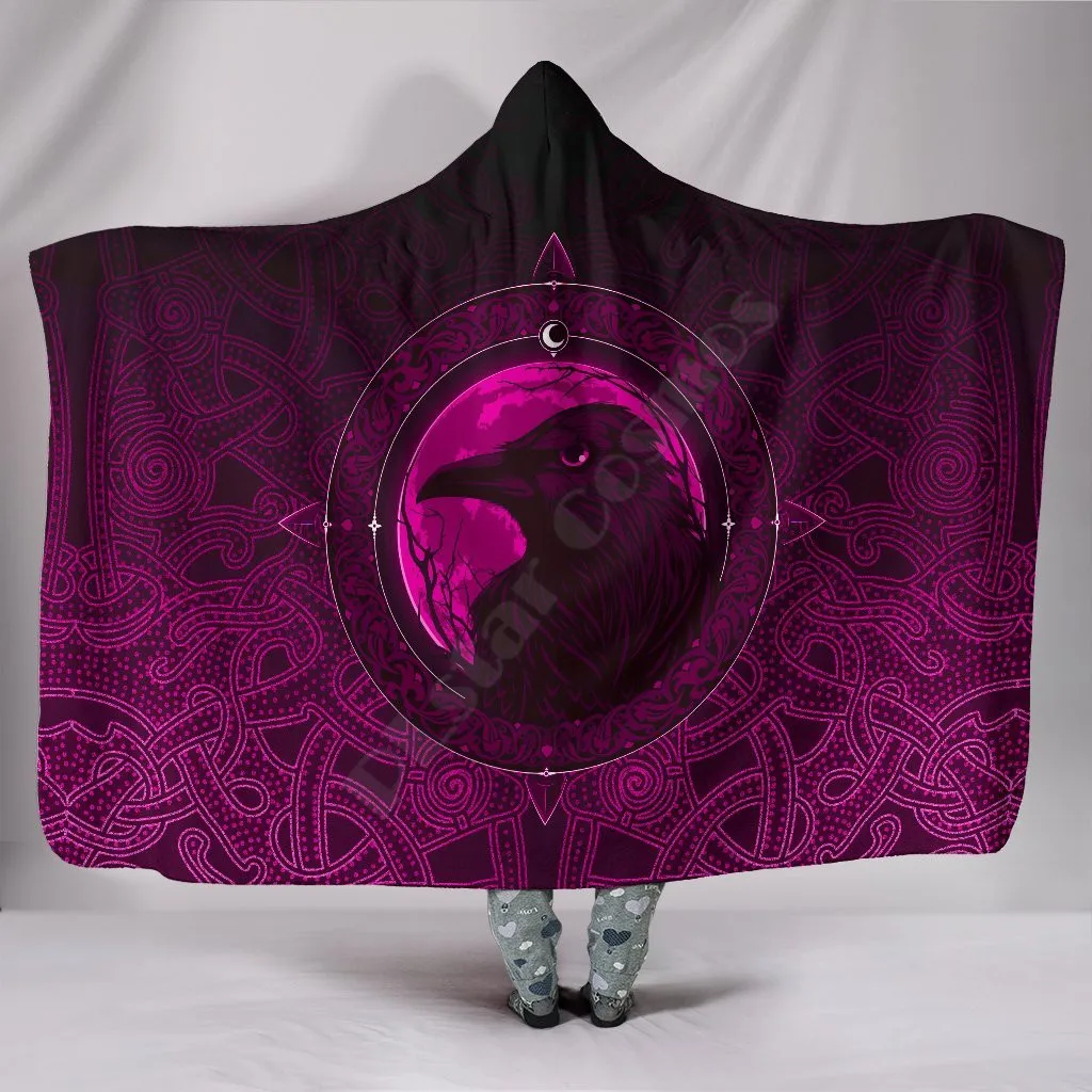 

Viking Style Hooded Blanket Ethnic Odin Raven Pink 3D Printed Wearable Blanket Adults For Kids Hooded Blanket