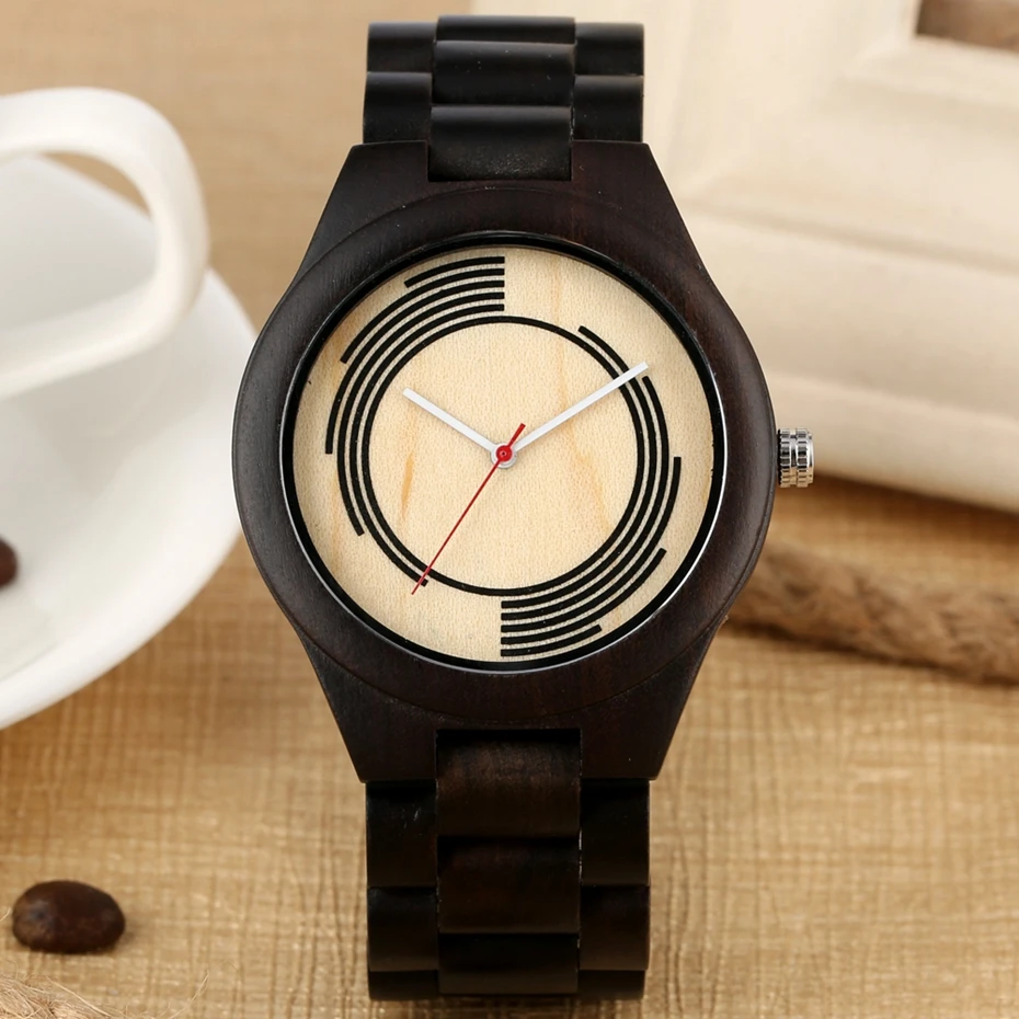 Retro Ebony Wood Spiral Stripe Watch Men's Unique Geometry Design Quartz Watch Male Watches Full Wooden Band Bangle Gift Relogio