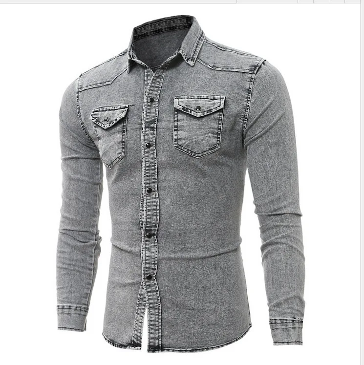 

Men Denim Shirt Cotton Jeans Overshirt Slim Fit Long Sleeve Stylish Gray Washed Cowboy Shirts Tops M-3Xl