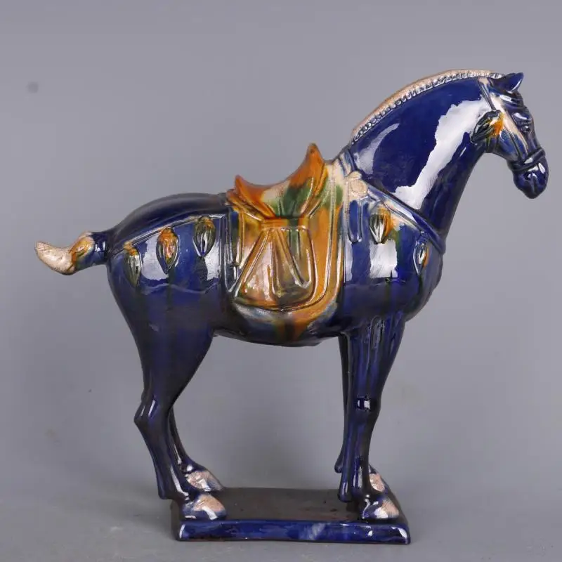 Tang Sancai Blue Glazed War Horse Ancient Porcelain Unearthed in Imitation Museum Antique Horse Decoration