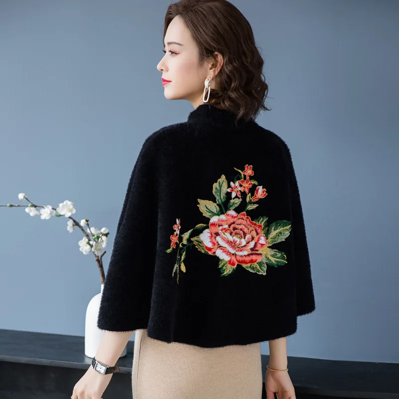 

Autumn And Winter Traditional Loose Solid Color Mink Fur Sweater With Lace Edge Ladies Short Capes And Poncho Women Scarf Shawl