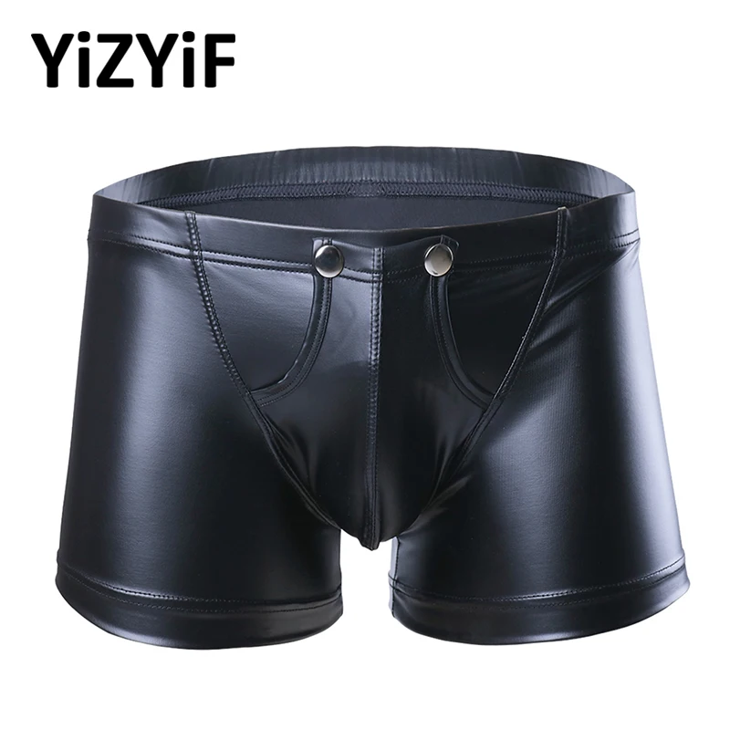 Sexy Men Lingerie Faux Leather Boxer Shorts Erotic Open Front Bulgh Pouch Porno Mini Latex Pants Male Gay Underwear Underpants