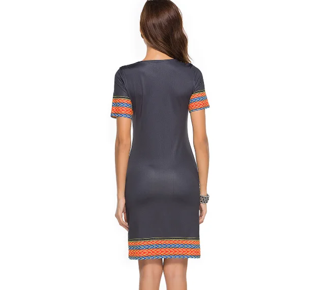 2022 Women Sexy Ethnic Style Print V-collar Casual Short Sleeve Dress Ethnic Style Slim Smootn Touch Striaght Dress