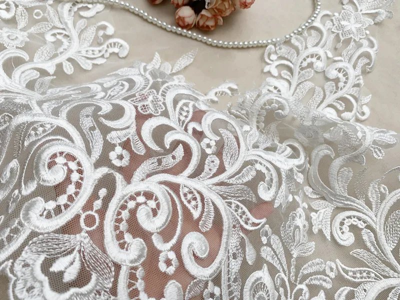 12Y-3Y-1Y. Elfenbein, Breite 43cm/40cm, Rayon-Spitzenstoffbesatz, Hochzeitskleid, Rock, breiter Schleppenschleier, Spitzenzubehör RS2904 – Detail 3