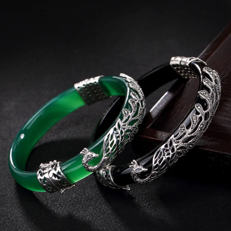 Hand-carved 925 sterling silver peacock green chalcedony retro high-grade for women bangle inlaid Thai silver opening bracelet