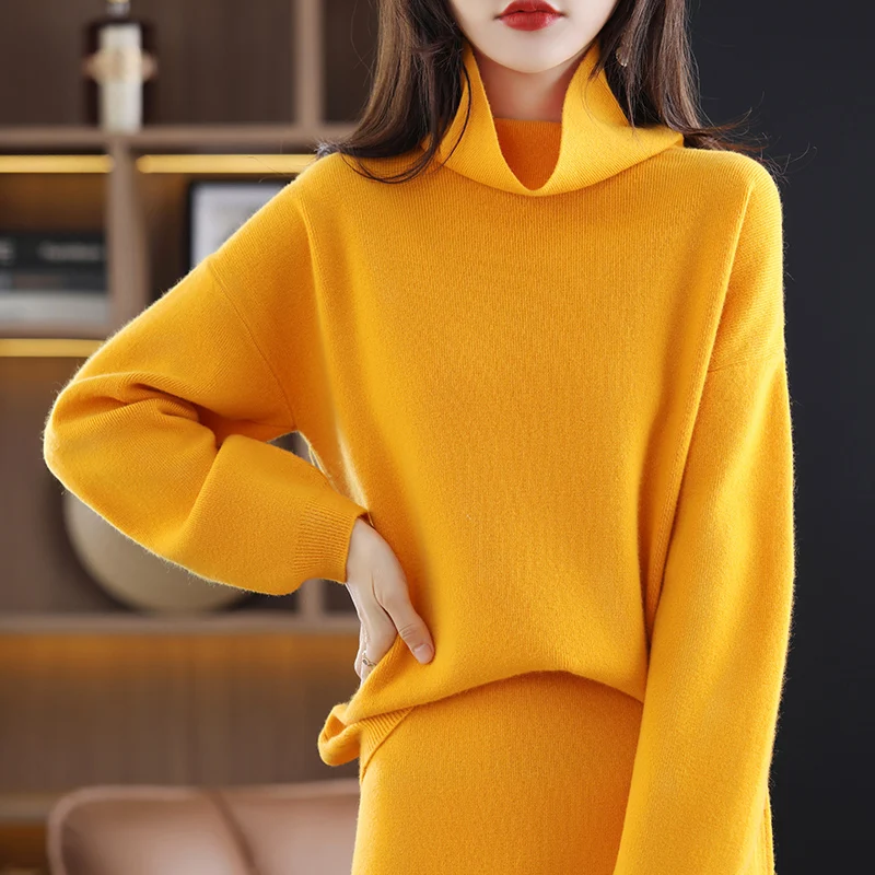 New 100%Pure Wool Cashmere Sweater Women High-Neck Large Size Top Knit High-Waist Long Skirt Two-Piece Suit Bag Hip Thick Dress