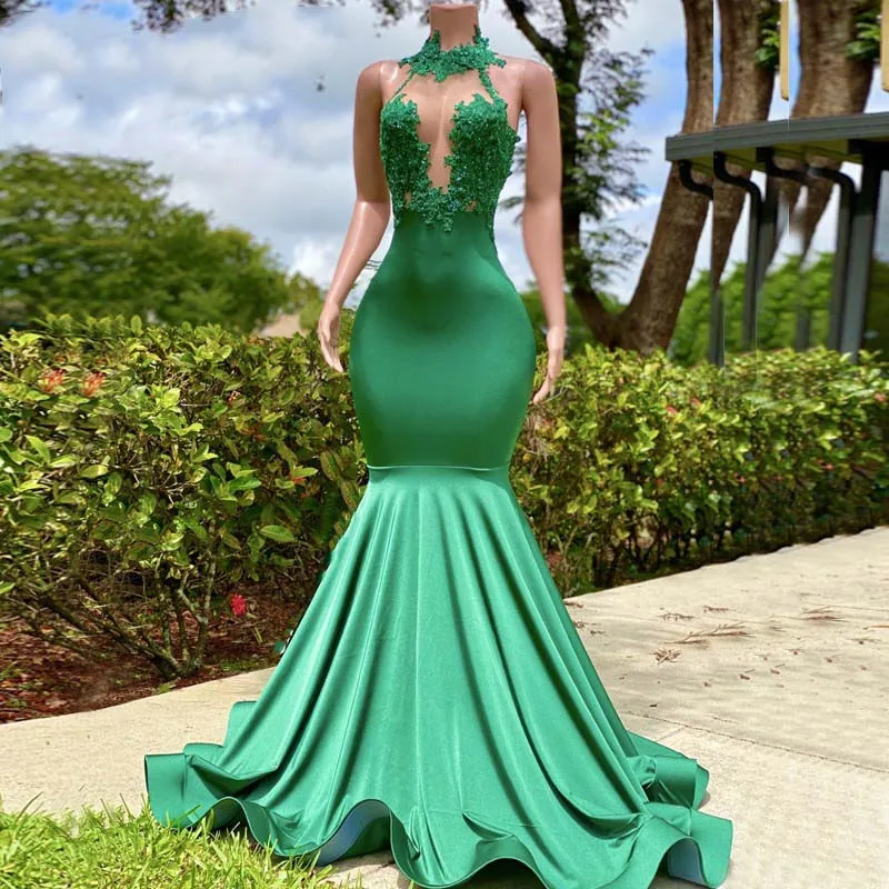 Abito da sera africano verde Halter Appliques pizzo Sexy Backless arabo formale sirena Prom Party Dress abiti da noiva