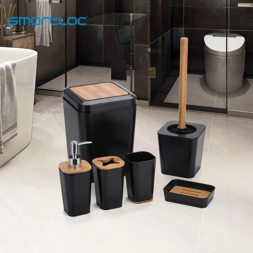 Set of 6 Smartloc Plastic Bathroom Accessories Toothbrush Holder Toothpaste Dispenser Case Soap Box Shower Storage Black