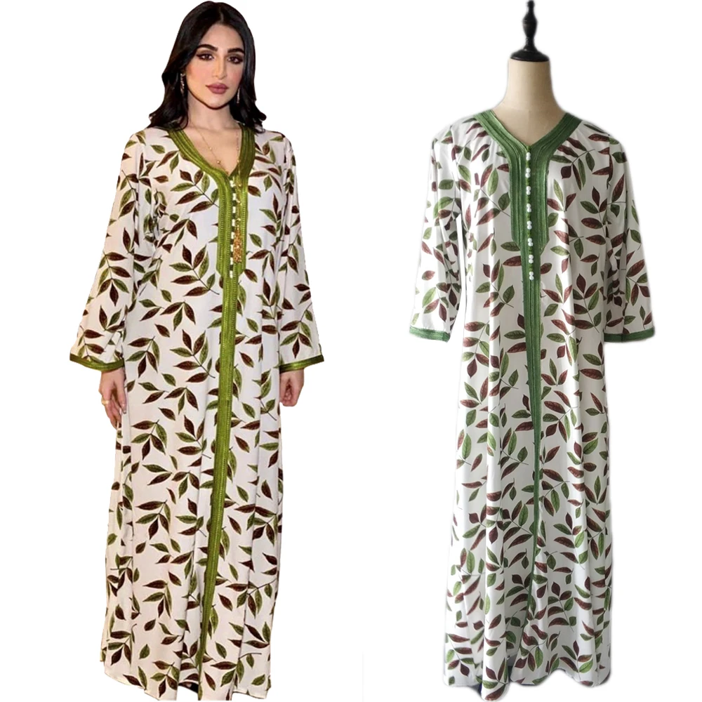 

Ramadan Islamic Abaya Muslim Women Long Dress Printed Arab Robe Vintage Casual V-neck Loose Vestido Middle East Turkish Robe