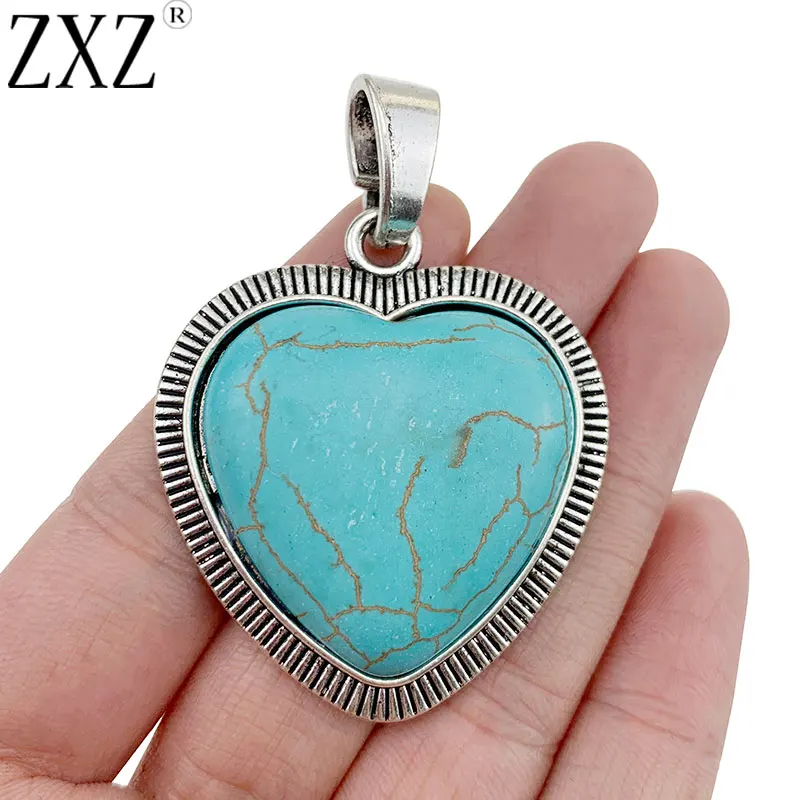 ZXZ 2pcs Tibetan Silver Large Heart Shape With Imitation Stone Charms Pendants for Necklace Jewelry Making Accessories 59x42mm