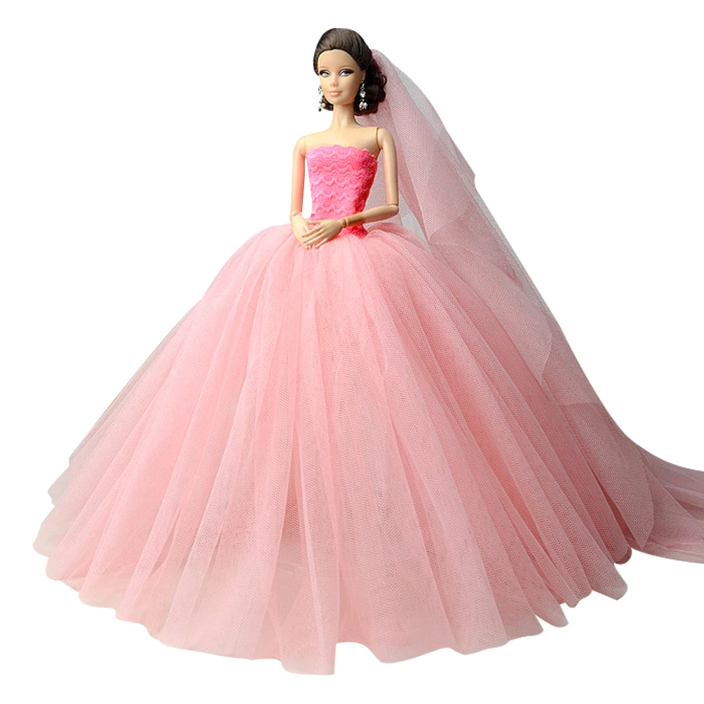 1 Pcs  Fashion Wedding Dress For Barbie Doll Clothes Pink Lace Outfits Princess Evening Party Gown Long Dresses Dolls  & Veil