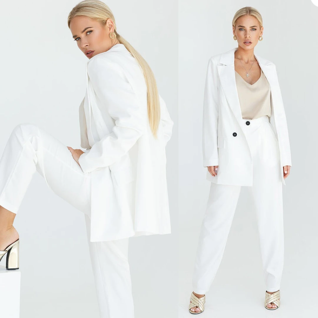 

Classic White Women Suits Fashion Sexy One Button Loose Pocket Blazer Office Lady Causal Daily Party Prom Jacket 2 Pieces