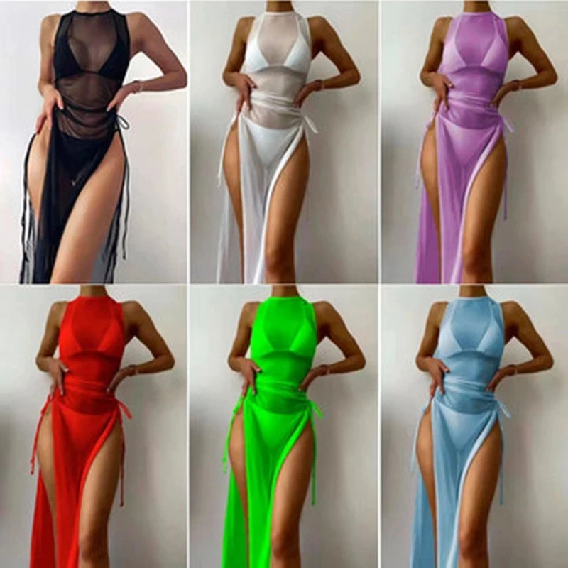 High Neck Halter With Mesh Dress Bikini Female Swimsuit Women Swimwear Three-pieces Bikini set High Cut Bather Bathing Suit Swim