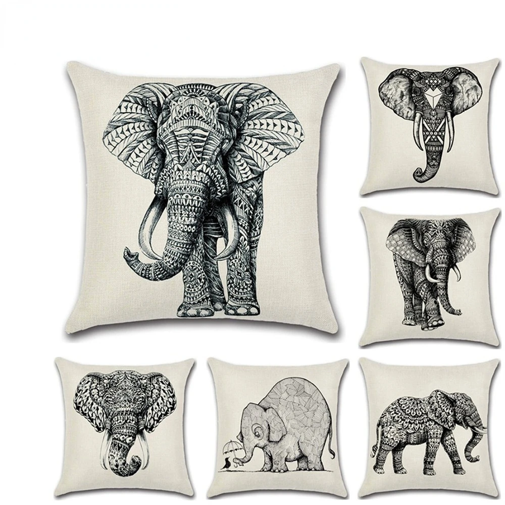 

New Elephant Sketch Hand-painted Black and White Linen Pillowcase Cushion Cover Digital Printing Home Decor Throw Pillows Home