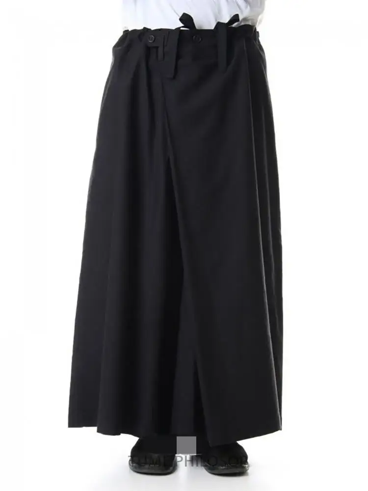 

Spring and Autumn new men's irregular asymmetrical pleated culottes elastic waist pure color long skirt wide leg trousers