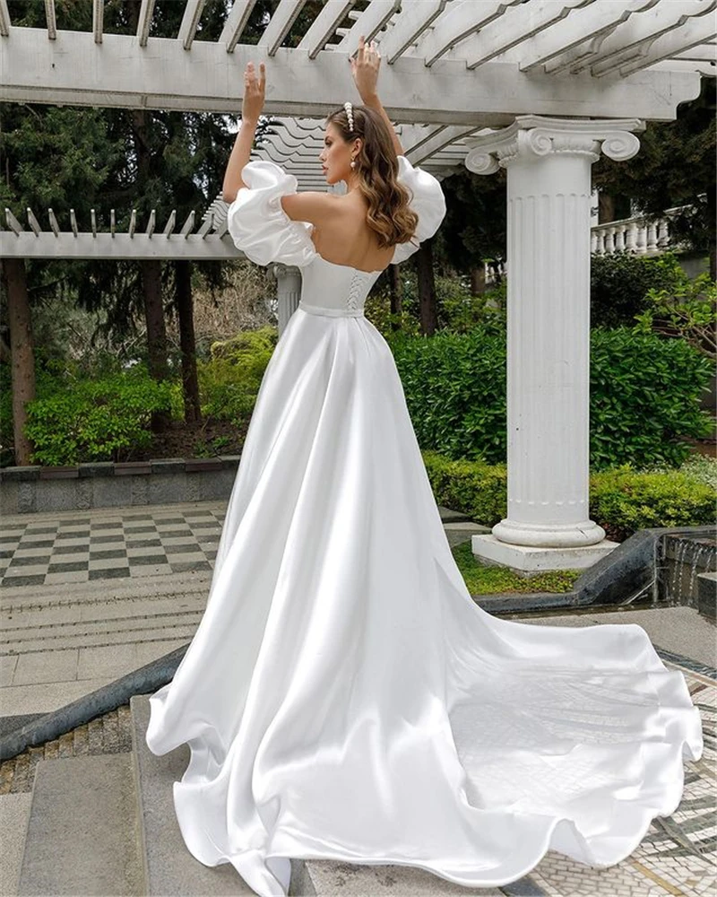 Robe de mariée en satin à manches bouffantes, fente haute, ligne A latérale, styles simples, patients avec train court