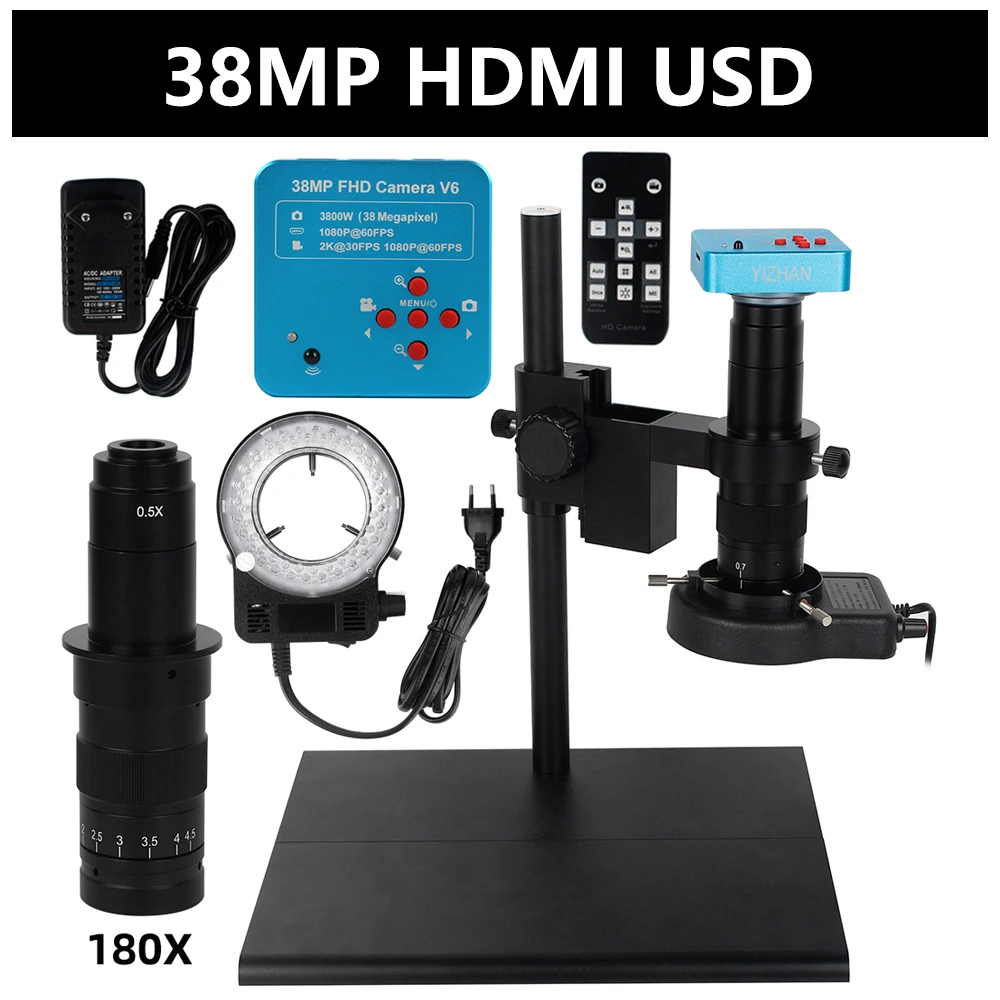 YIZHAN Jewelry Microscope 38MP 21MP 8MP VGA HDMI Usb Video Camera  + 130X 180X ZOOM Lens Magnification Power Metal Stand