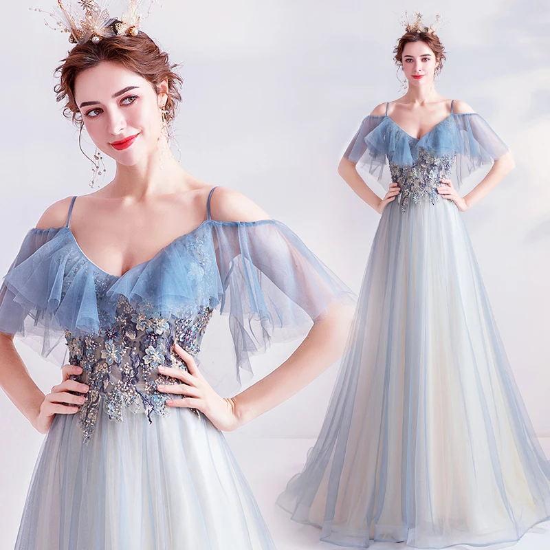 

New sweat flared sleeve strapless skyblue floor length sexy lady girl women princess banquet party prom ball dress gown