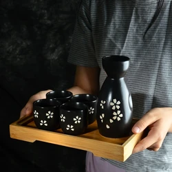 Japanese Sake Wine Warmer 1 Pot 4 Cups Ceramic Wineware Cherry Blossom Pattern Sake Pot Yellow Wine Cup Sake Pot Elegant Gift